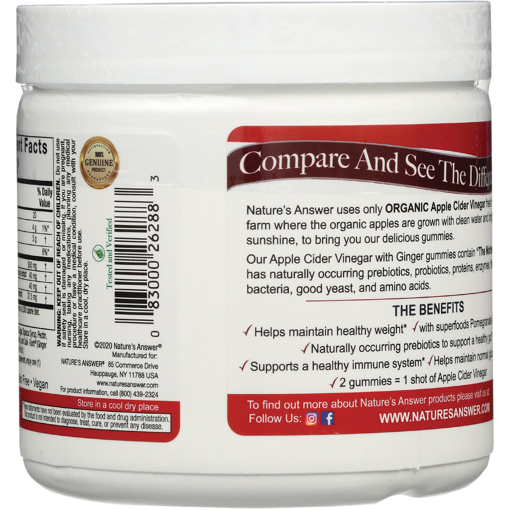 NAT411 | Back label of Nature's Answer apple cider vinegar gummies jar showing benefits, barcode, and product info - Thumbnail