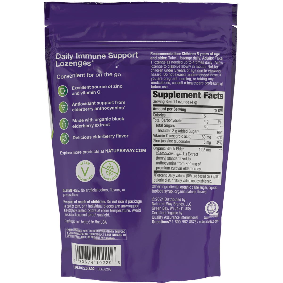 NW873 | Back of purple Daily Immune Support Lozenges pouch showing Supplement Facts panel and ingredients