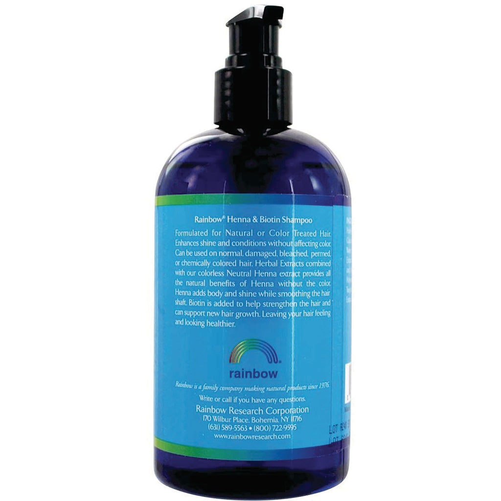 RBR003 | back of blue pump bottle labeled Rainbow Henna & Biotin Shampoo showing ingredient text and rainbow logo - Thumbnail