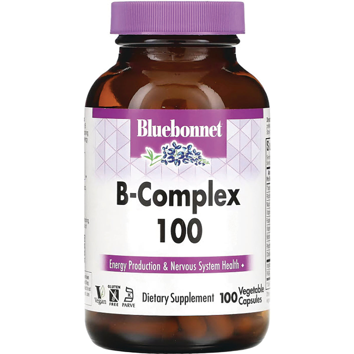 BLU054 | Bluebonnet B-Complex 100 brown glass bottle with purple cap, dietary supplement label Energy Production & Nervous System Health