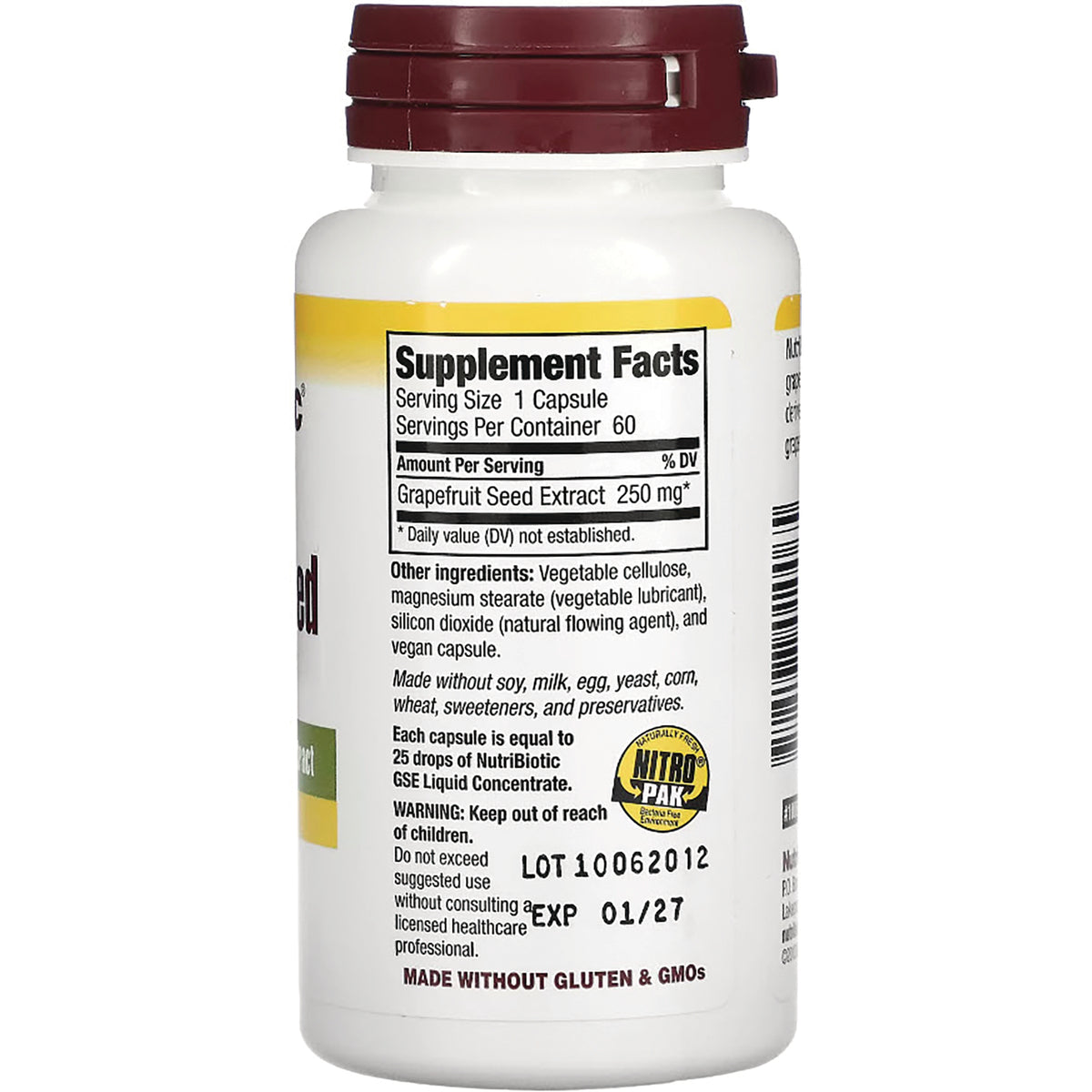 NUB014 | Back of white supplement bottle showing Supplement Facts with Grapefruit Seed Extract 250 mg, ingredients, lot and EXP 01/27