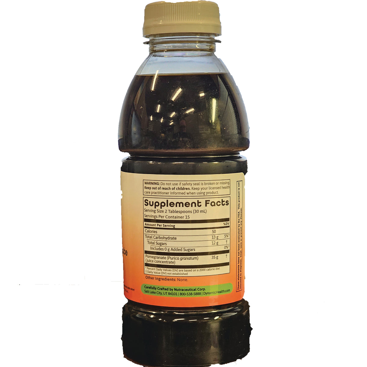 DYH020 | Back of plastic bottle showing Supplement Facts nutrition panel and orange gradient lower label
