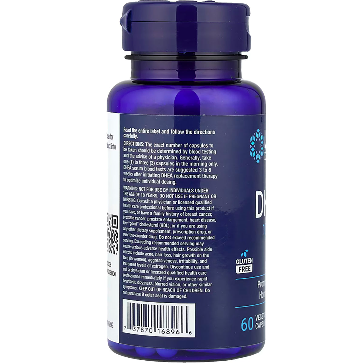 Blue supplement bottle back label showing directions, warnings, barcode and gluten free badge
