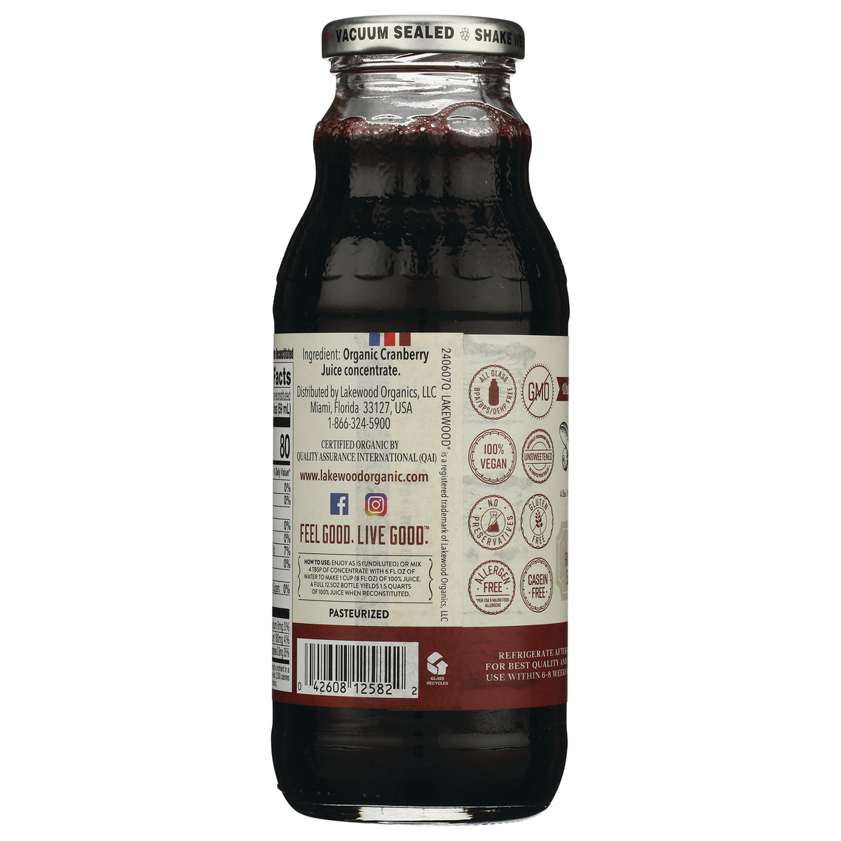 LKW005 | Back label of cranberry juice bottle showing ingredient list, certifications, barcode and FEEL GOOD. LIVE GOOD