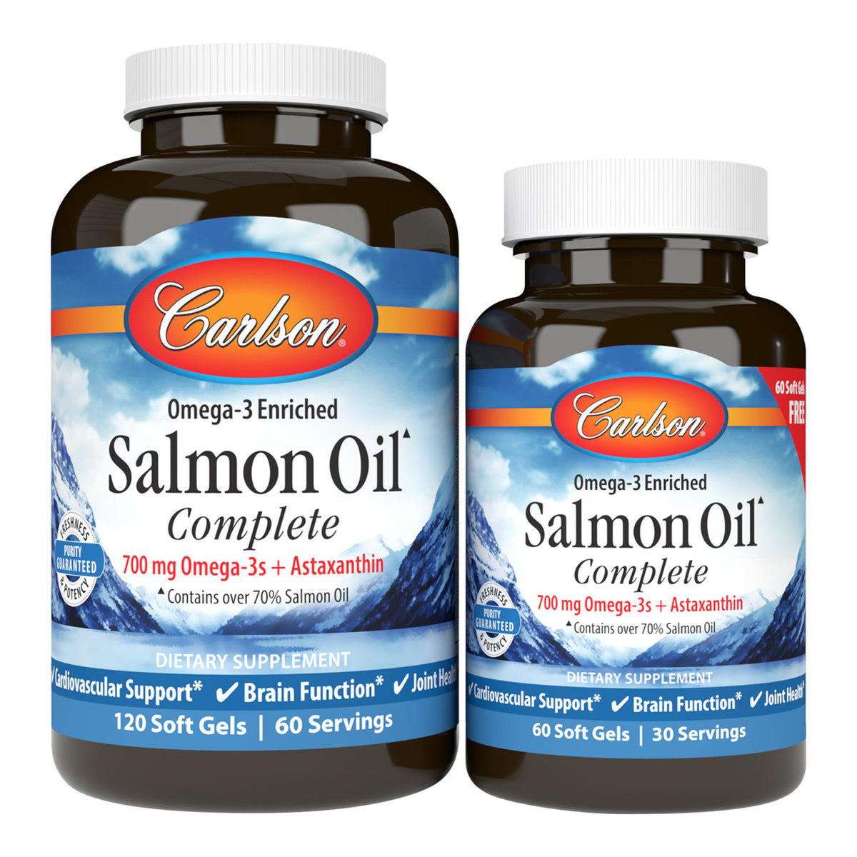 CSN229 | Two Carlson Norwegian Salmon Oil Complete bottles front view, 700 mg Omega-3s + Astaxanthin