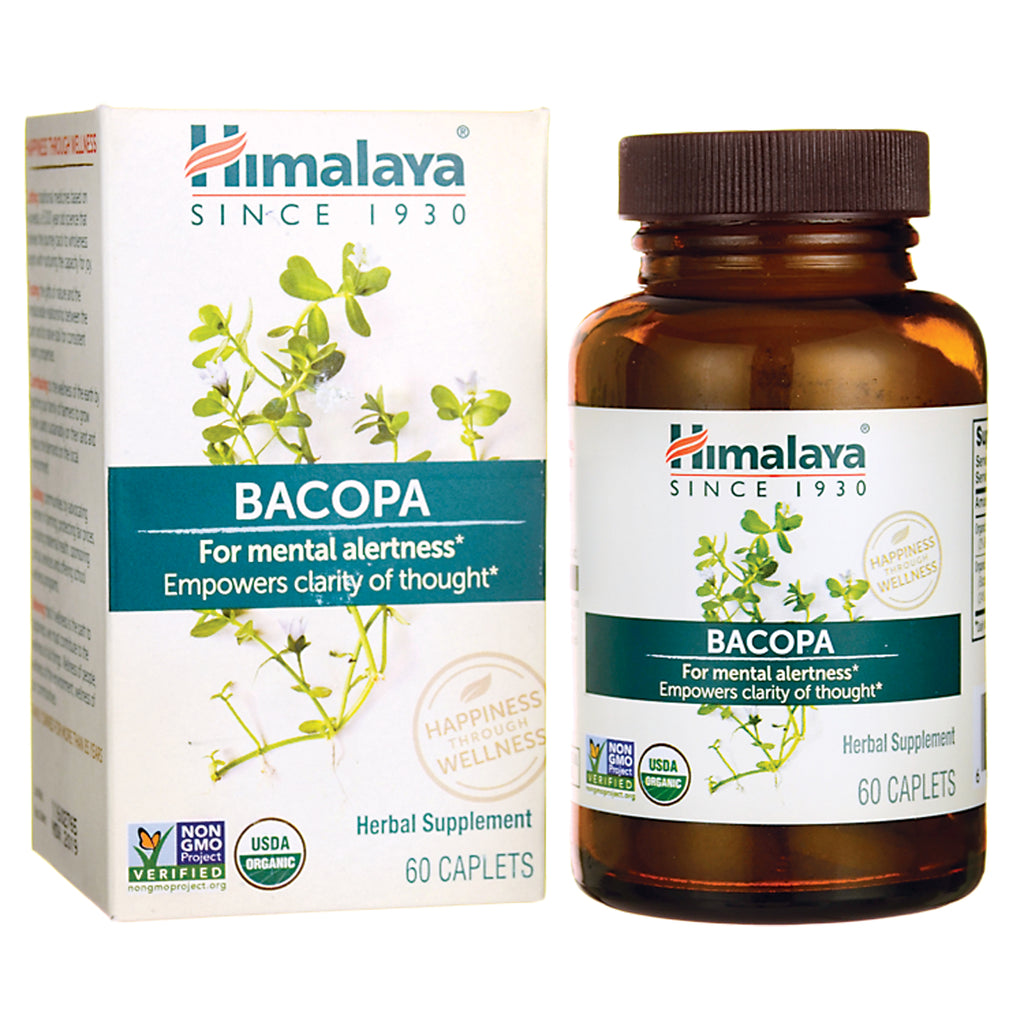 HHH004 | Himalaya Bacopa herbal supplement bottle and box labeled For mental alertness, 60 caplets - Thumbnail