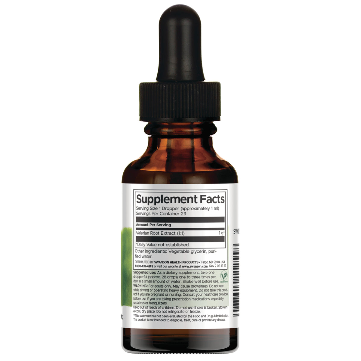 SW1255 | Back of label with Supplement Facts panel for valerian root extract liquid