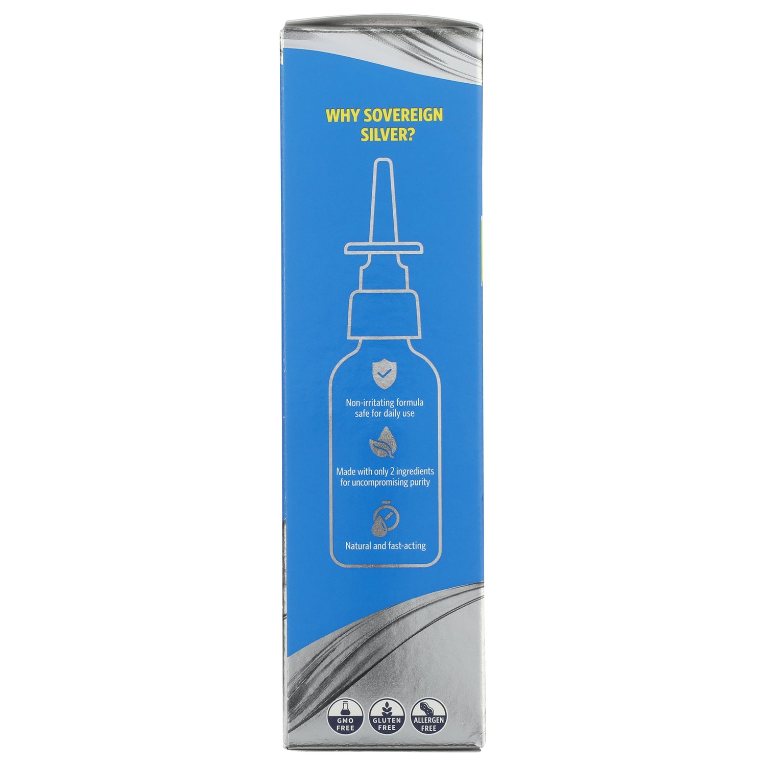 SSL005 | Sinus Relief box panel with safe, pure, effective claims; GMO Free, Vegan, Gluten Free, Allergen Free icons