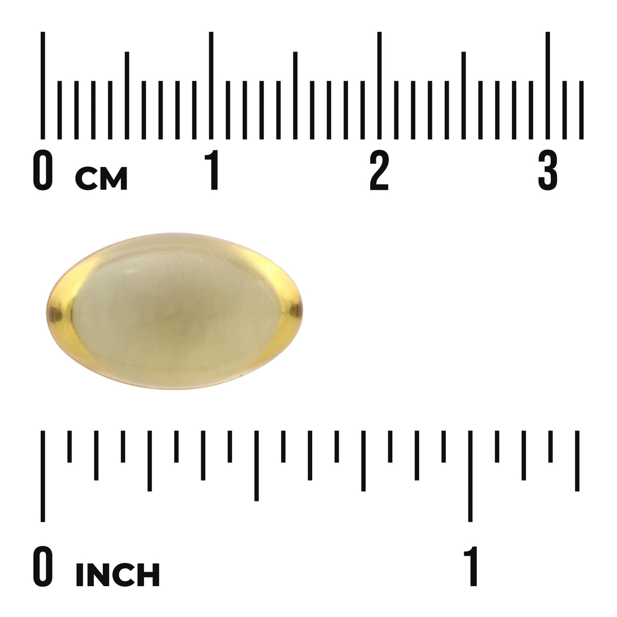 SWE070 | Gold oval softgel capsule on measurement scales showing 0 CM and 0 INCH