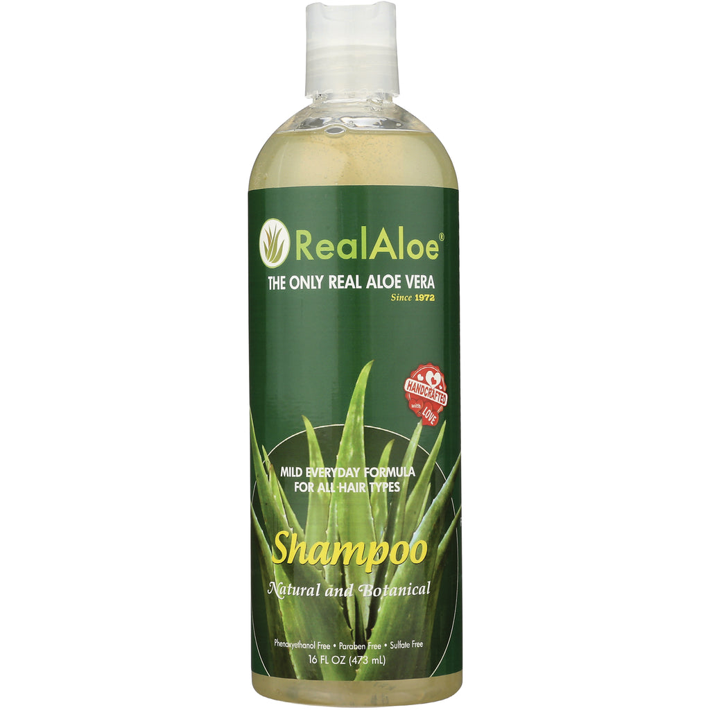 RA011 | RealAloe shampoo 16 fl oz bottle with green label showing aloe graphic and Shampoo Natural and Botanical - Thumbnail