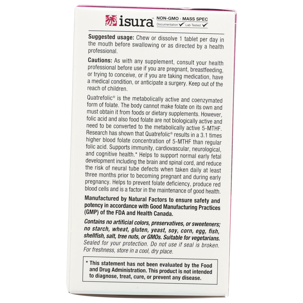 NFC173 | back of supplement box showing suggested usage, cautions, manufacturing and allergen information