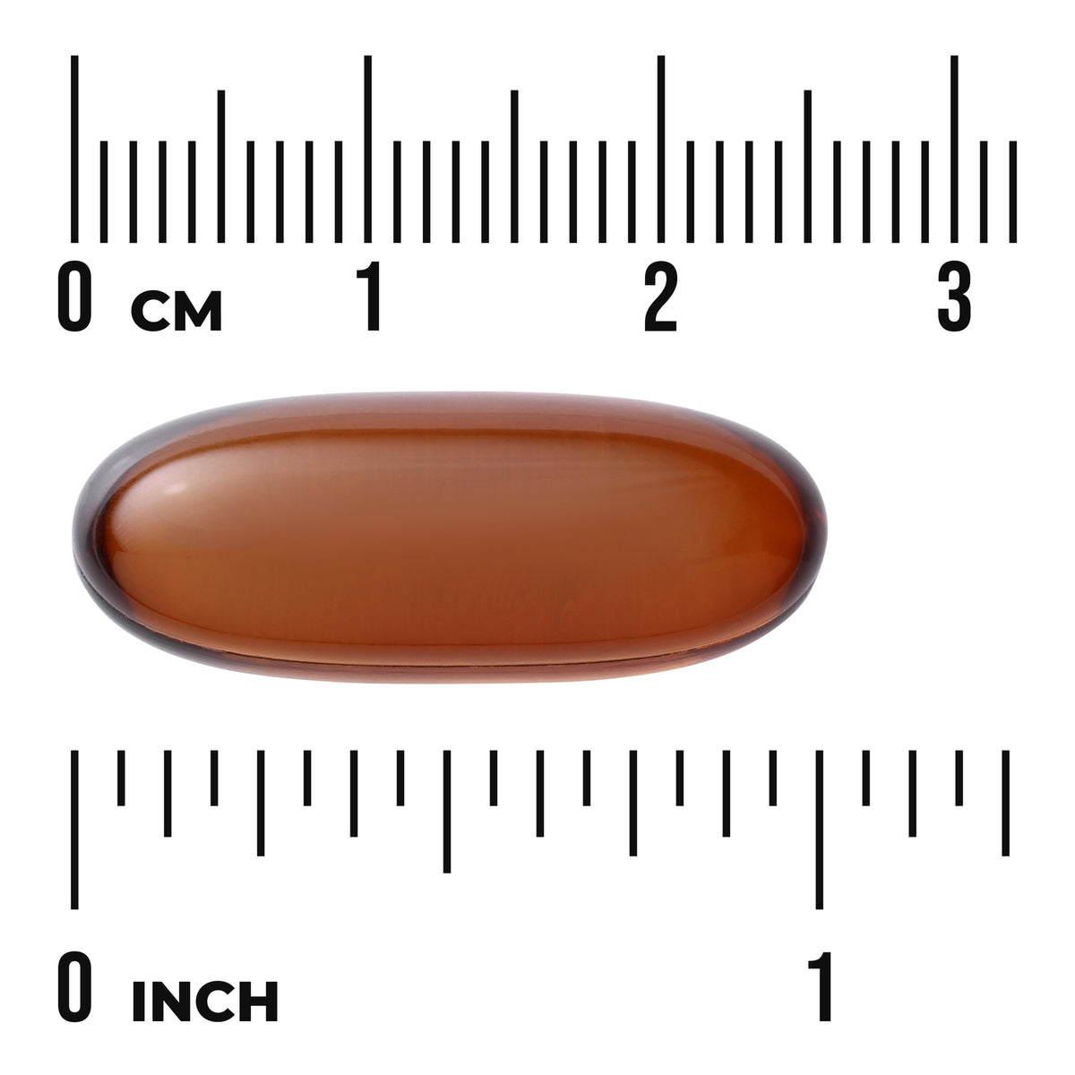 SWD067 | Brown softgel capsule shown with size scale in cm and inches