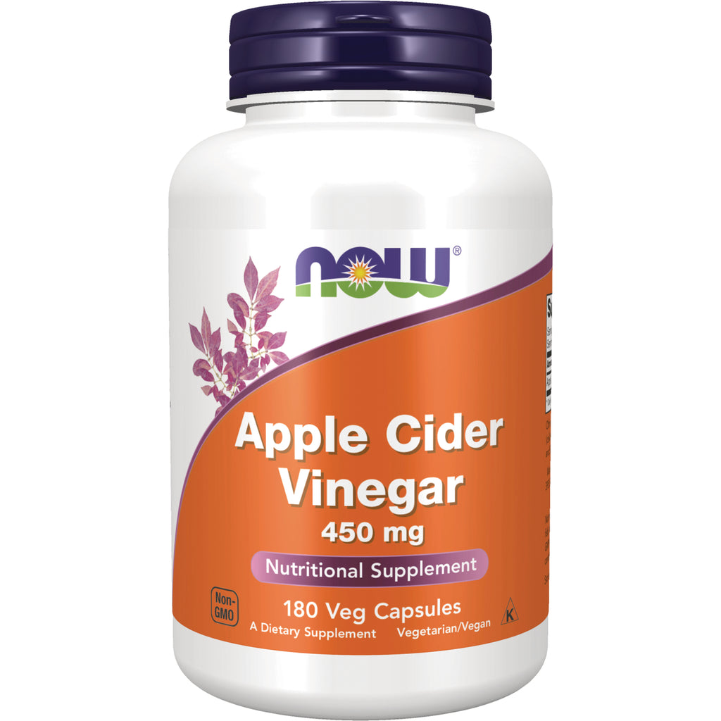NWF526 | NOW Apple Cider Vinegar 450 mg white bottle with orange label, 180 Veg Capsules nutritional supplement - Thumbnail