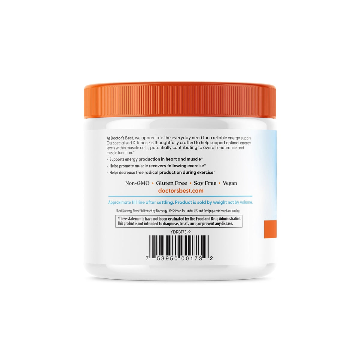 DB081 | back label of white supplement jar showing ingredient text, product claims and barcode