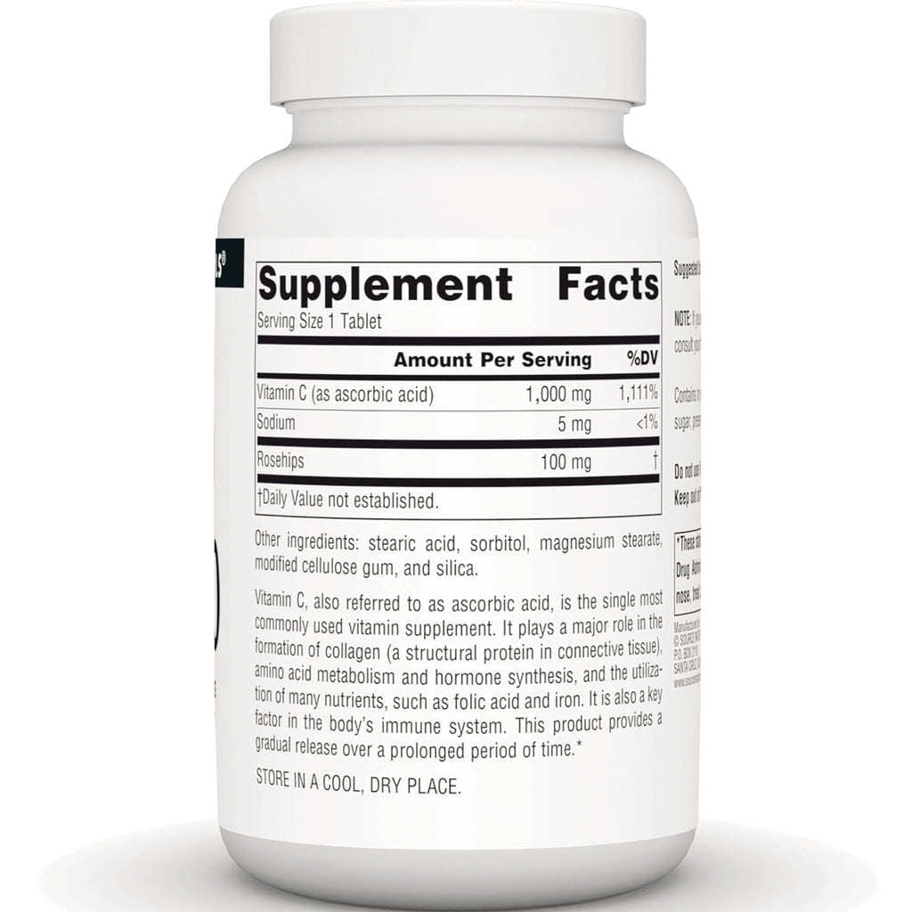 SN613 | Back label showing Supplement Facts: Vitamin C 1,000 mg, sodium 5 mg, rosehips 100 mg, other ingredients - Thumbnail