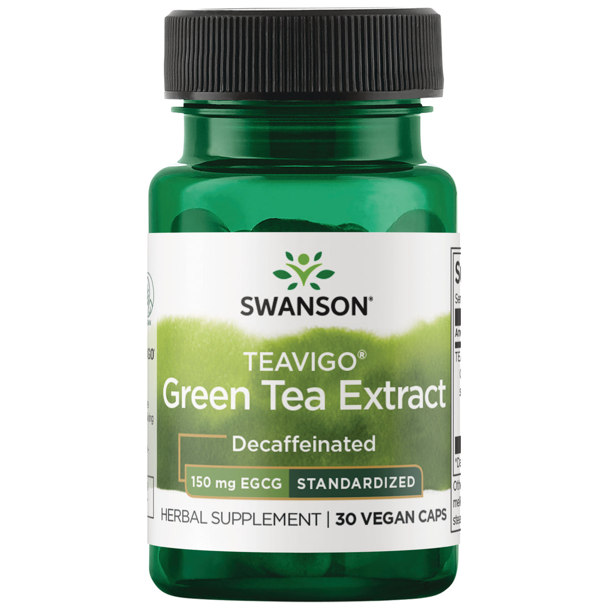 SWH198 | Supplement Facts panel: Serving Size 1 vegan capsule; TEAVIGO decaffeinated green tea extract 168 mg; EGCG 150 mg