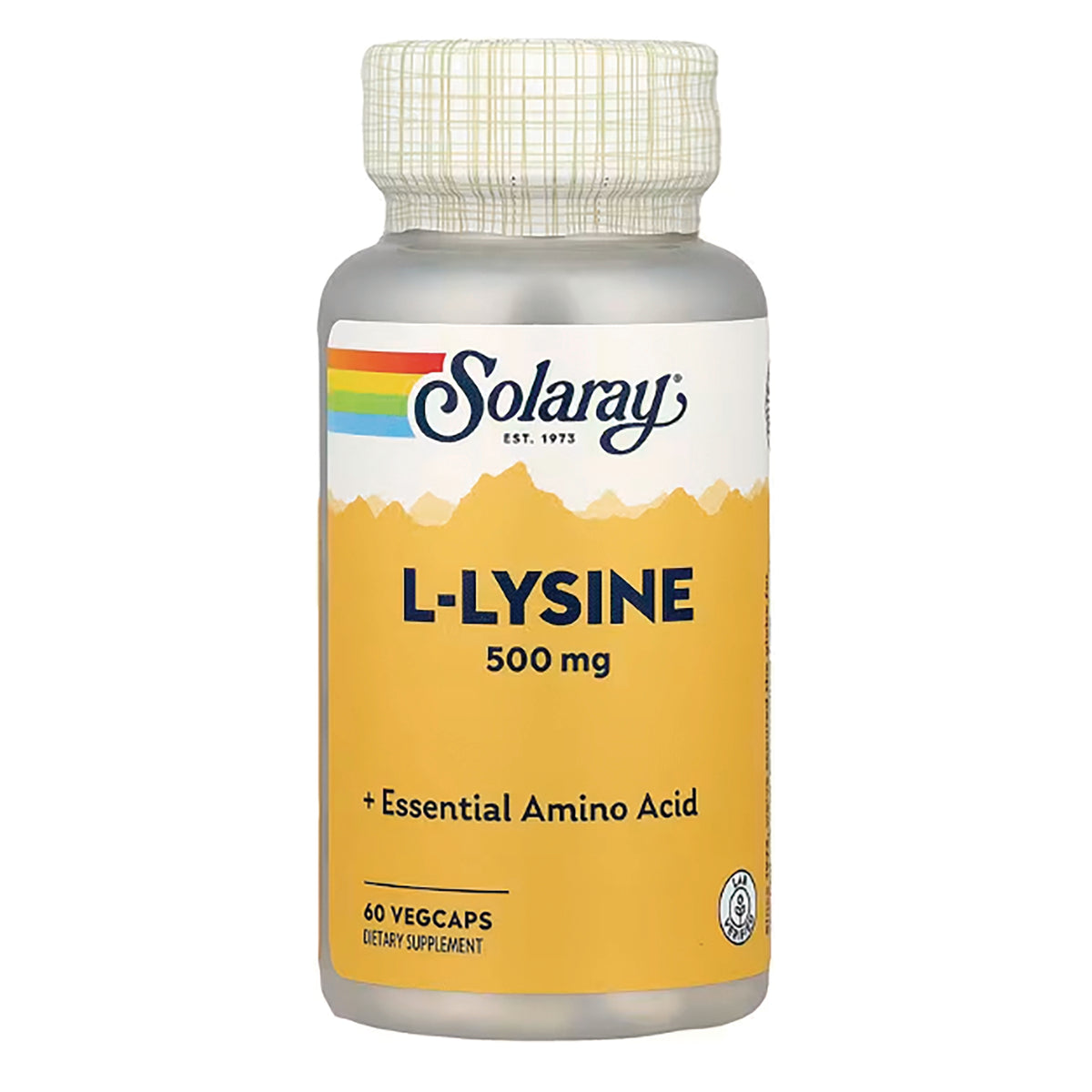 SLR371 | Solaray L-Lysine 500 mg bottle with yellow label stating L-LYSINE 500 mg and 60 vegcaps