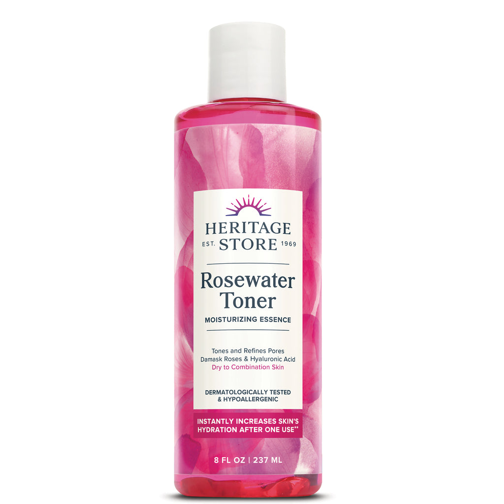 HTG118 | Heritage Store Rosewater Toner bottle, pink 8 fl oz front label showing moisturizing essence - Thumbnail