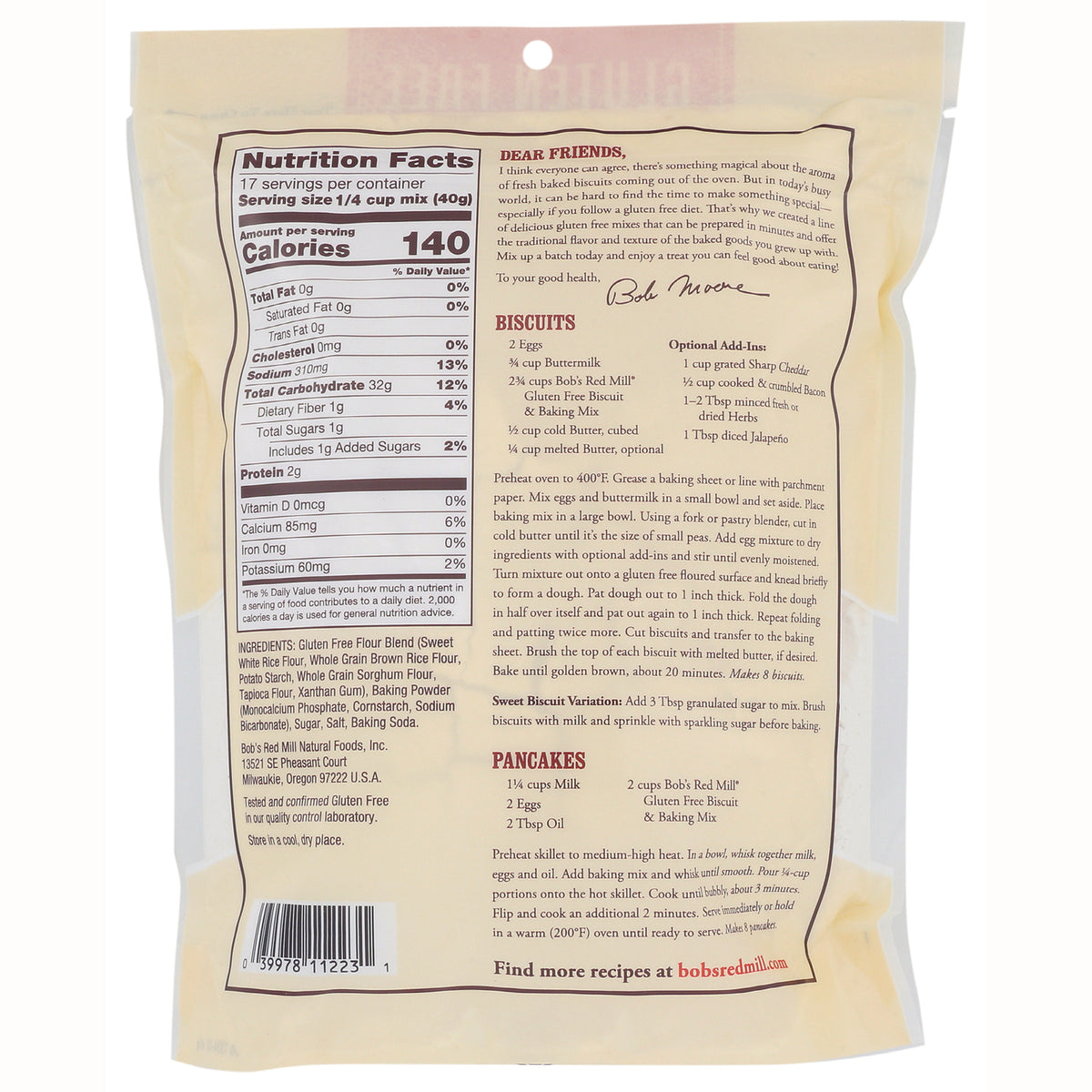 BOB448 | Back of beige baking mix bag showing nutrition facts, ingredients, recipes, and barcode