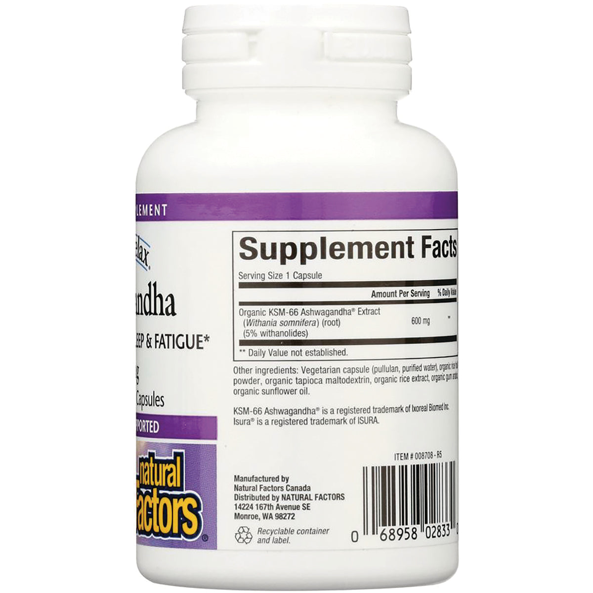 NFC155 | Back of white supplement bottle showing Supplement Facts panel, ingredients list and barcode