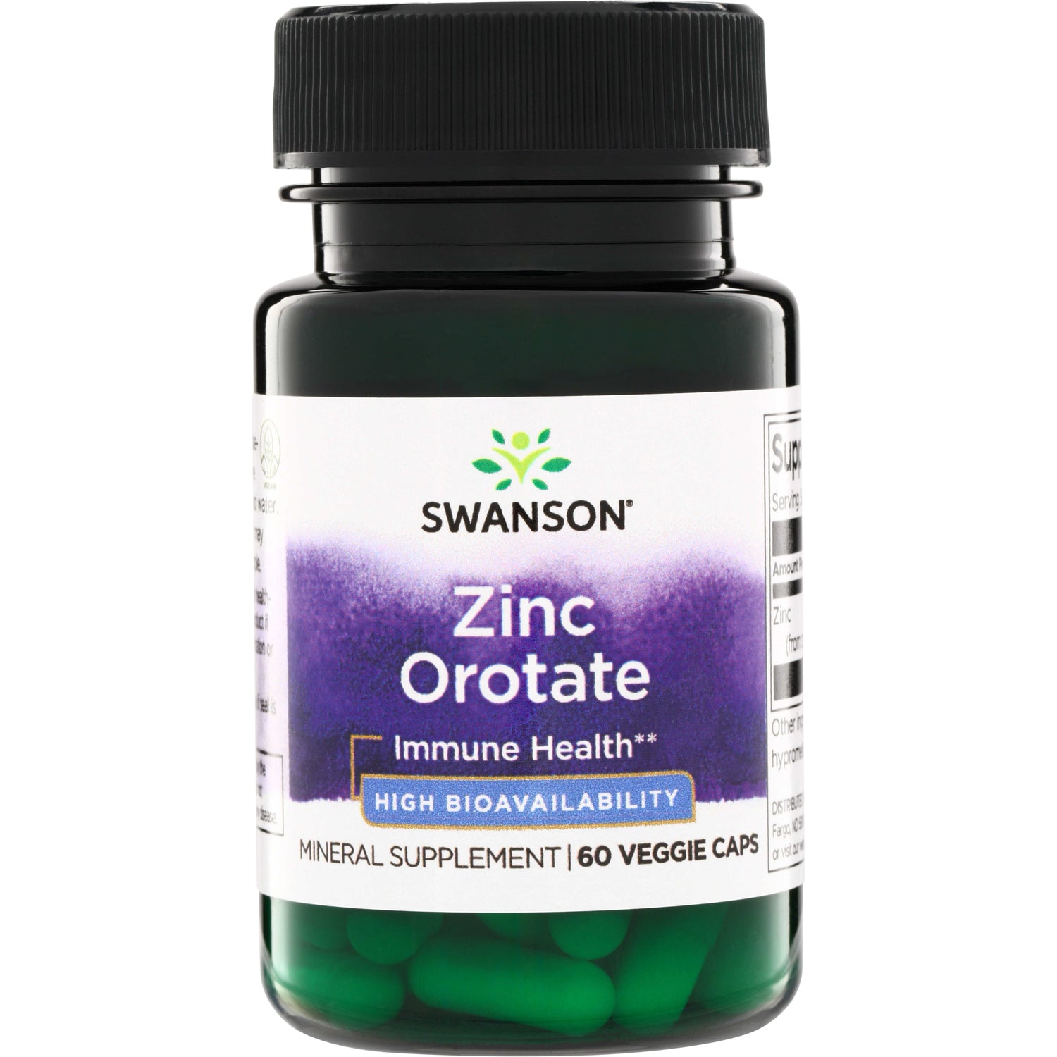 SWU923 | Swanson Zinc Orotate supplement bottle, High Bioavailability, Immune Health, 60 veggie caps