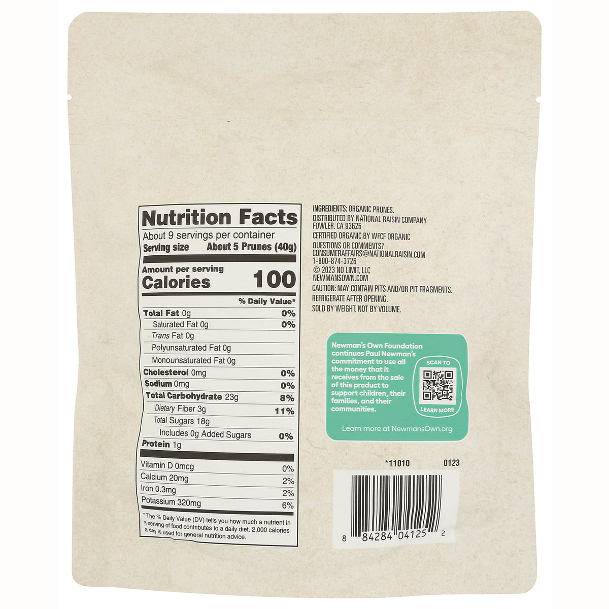 NWM027 | Back of beige pouch showing Nutrition Facts panel, ingredient list, barcode and QR code