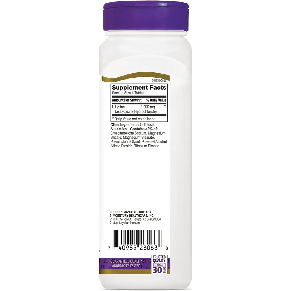 CNT289 | back label with Supplement Facts showing L-Lysine 1,000 mg, ingredient list and barcode on white bottle - Thumbnail