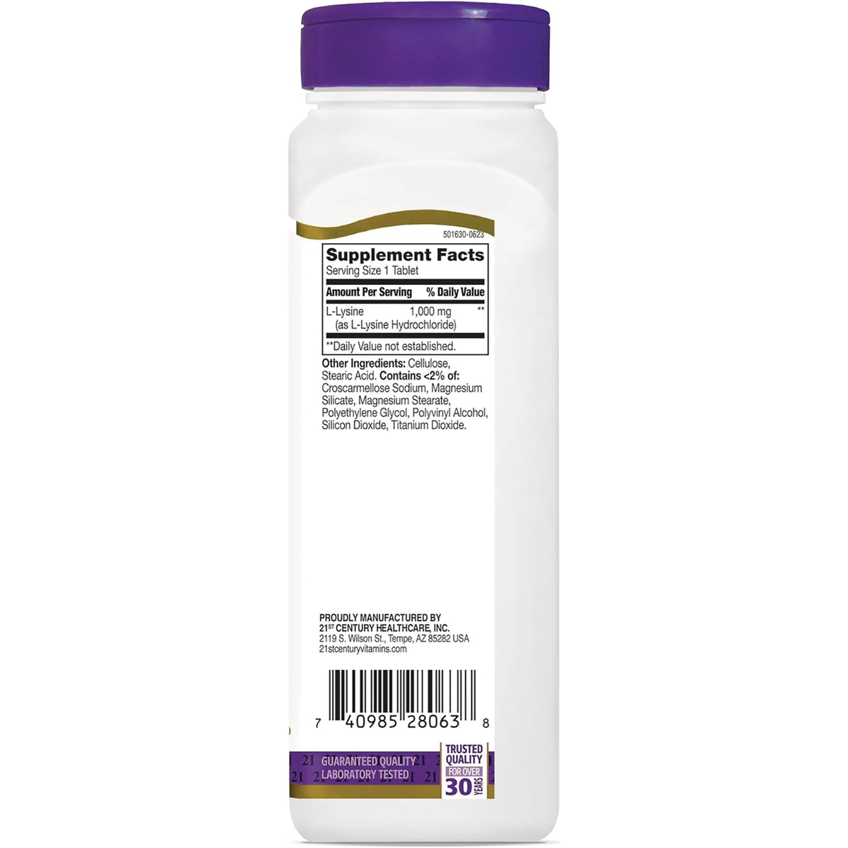CNT289 | back label with Supplement Facts showing L-Lysine 1,000 mg, ingredient list and barcode on white bottle
