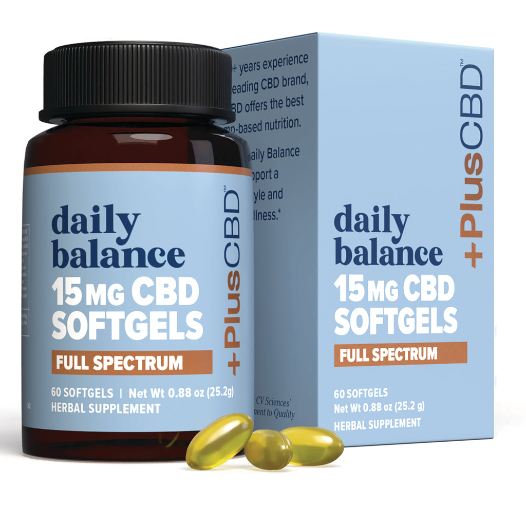 CV005 | Bottle and box of daily balance 15 mg CBD softgels full spectrum with three yellow softgels - Thumbnail