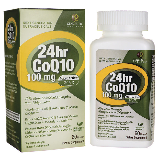 GNN010 | 24hr CoQ10 100 mg dietary supplement bottle and box with visible MicroActive 24 HR label
