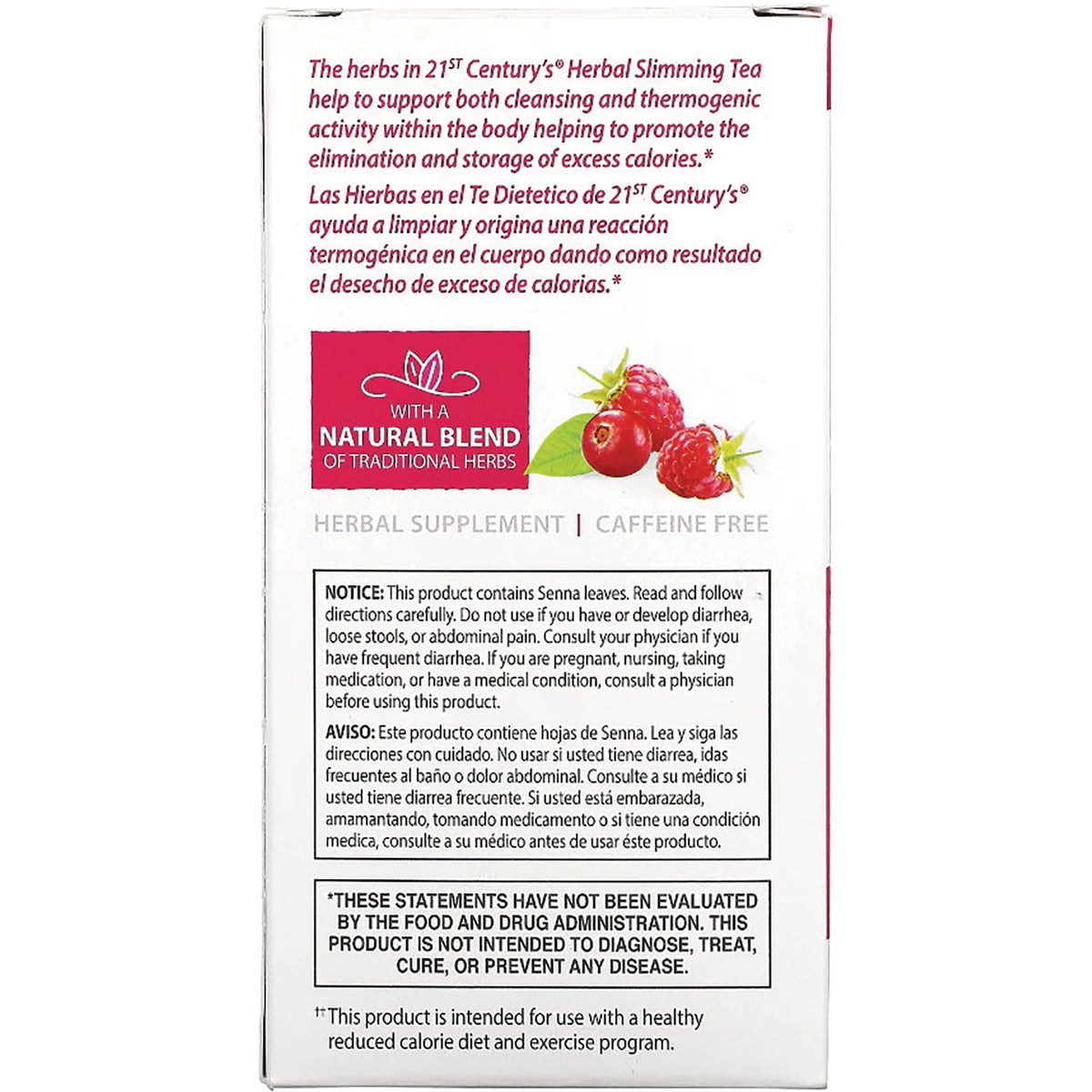 CNT148 | Back of herbal slimming tea box showing natural blend label, bilingual warning and FDA disclaimer