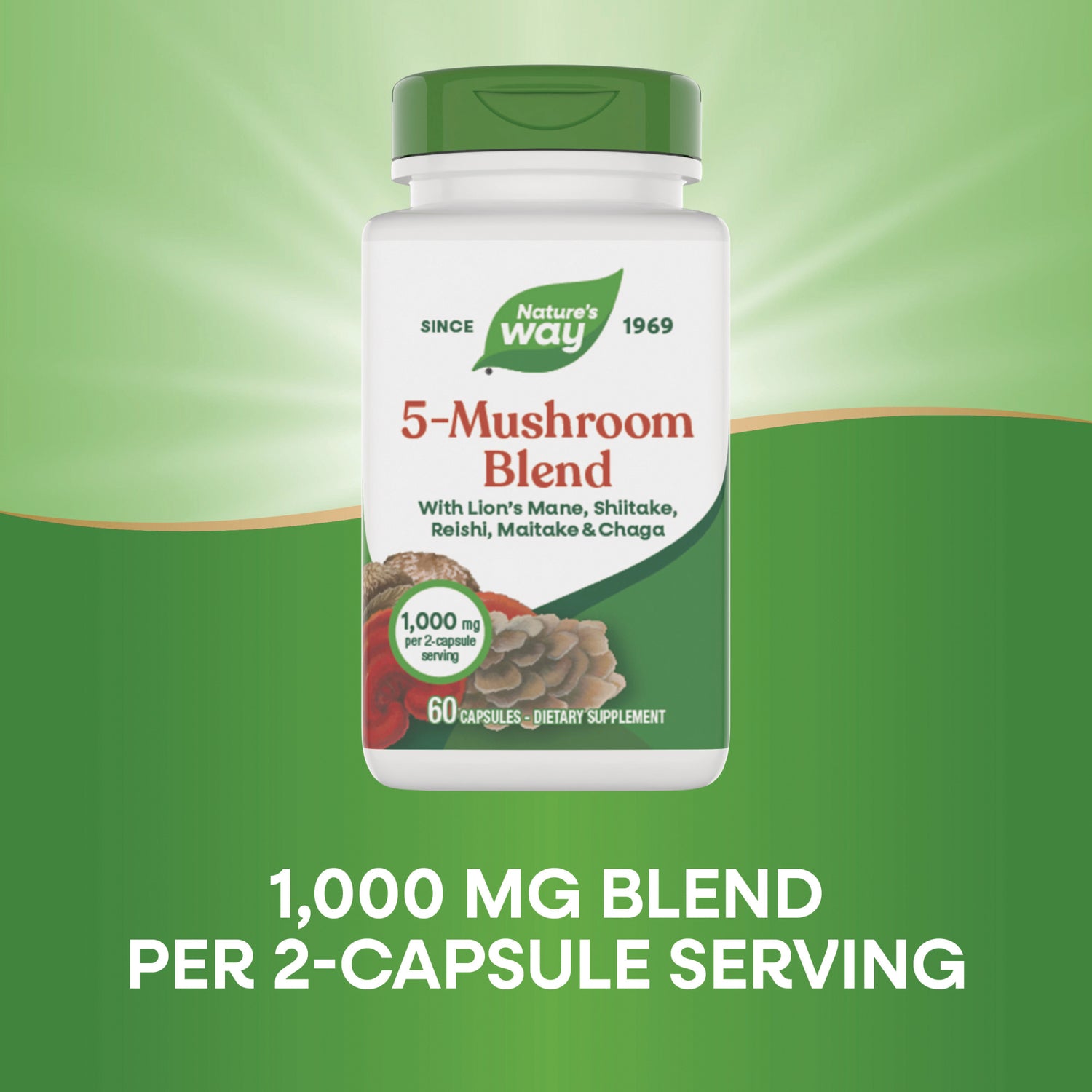 NW1073 | Nature's Way 5-Mushroom Blend bottle showing 1,000 mg per 2-capsule serving