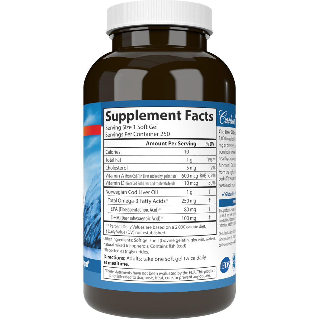 CSN020 | Supplement Facts label for Norwegian cod liver oil showing serving size, vitamin A/D/E and EPA/DHA amounts - Thumbnail
