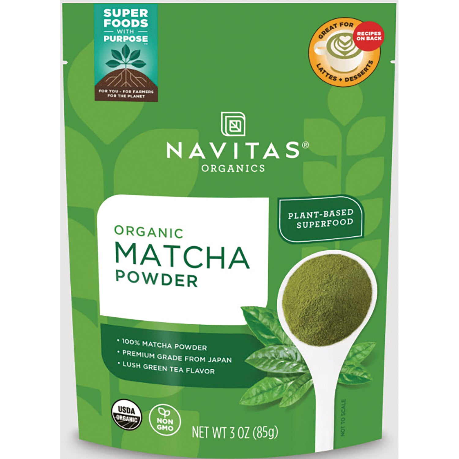 NAV064 | Navitas Organics organic matcha powder pouch with spoonful of green matcha and USDA Organic badge