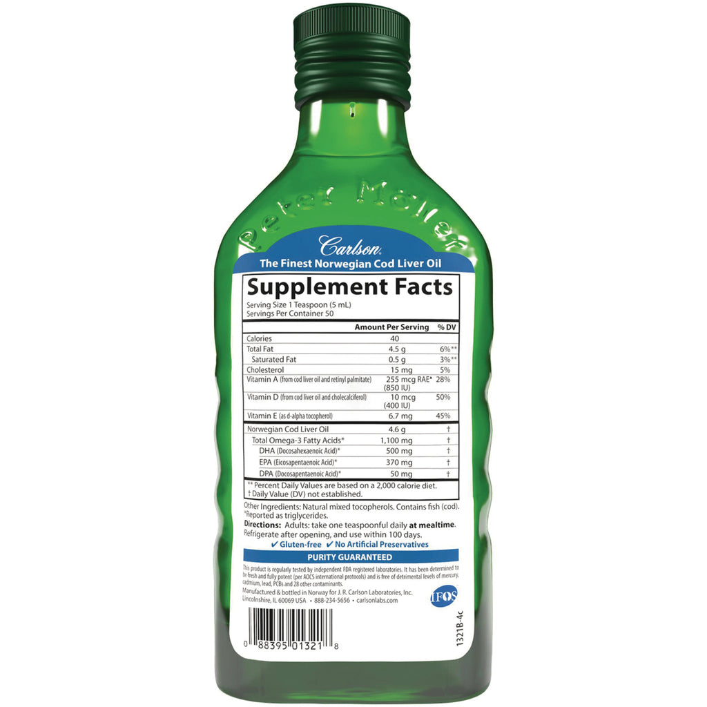 CSN010 | Back of green Carlson cod liver oil bottle showing supplement facts panel, ingredients and barcode - Thumbnail