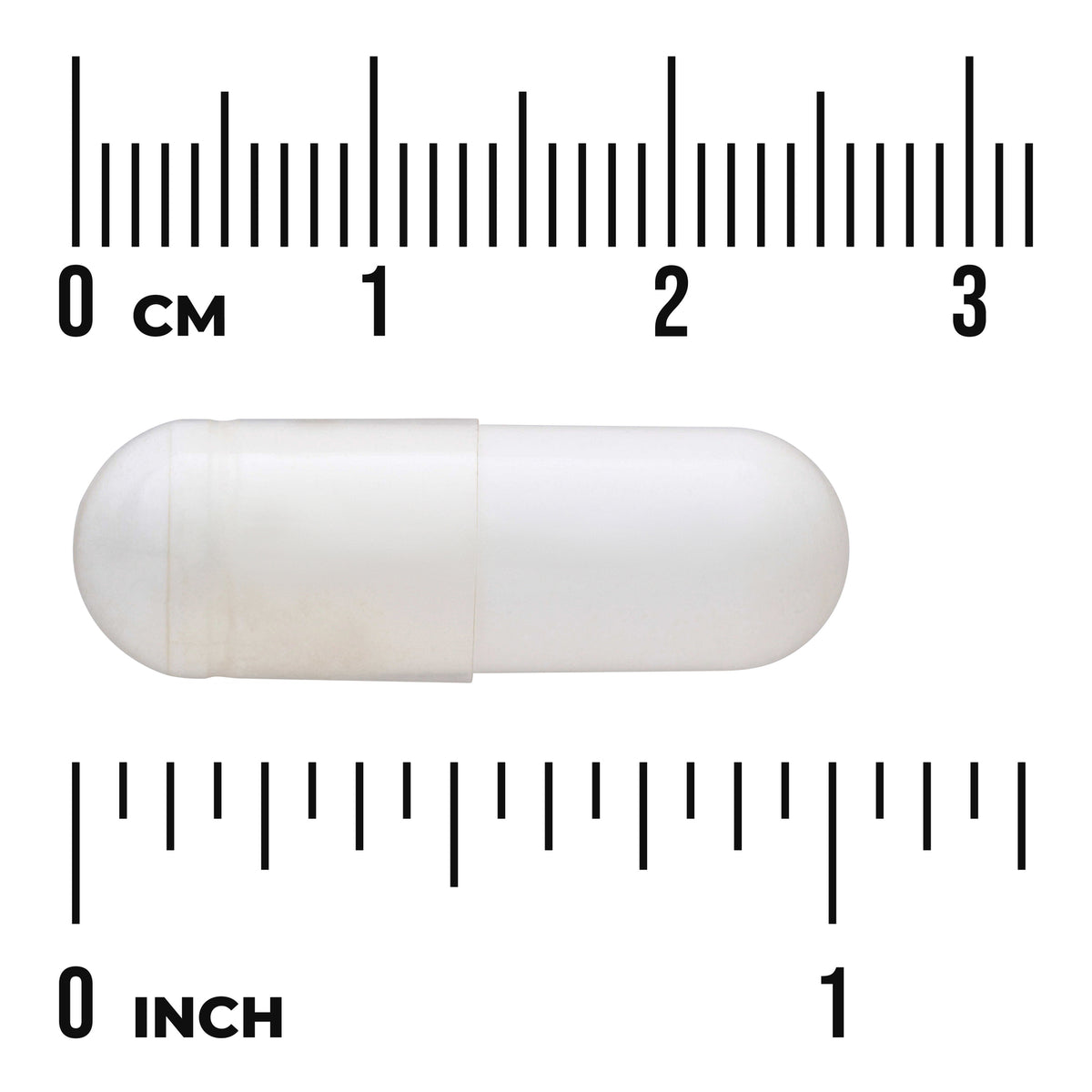 SW1185 | white two-part capsule on measurement scale showing 03 cm and 01 inch with visible CM and INCH markings