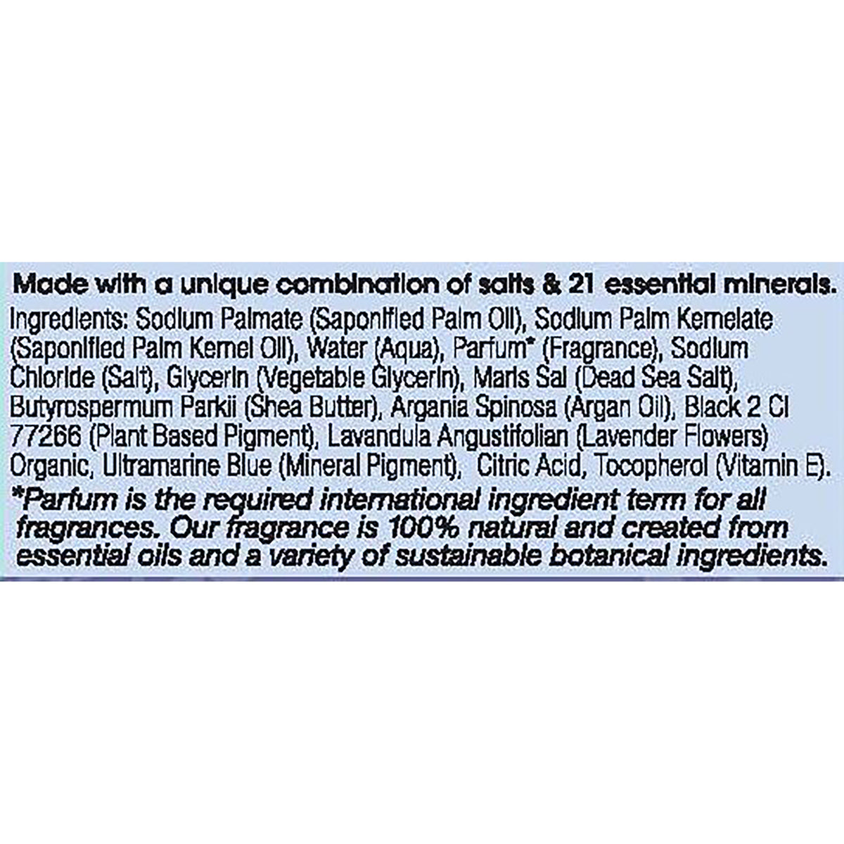 OWN003 | Ingredient panel listing salts, 21 minerals, and natural fragrance ingredients
