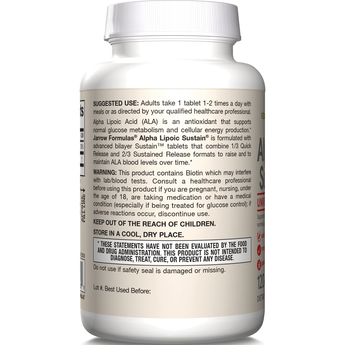 Supplement bottle back label showing suggested use, warning, storage instructions and FDA disclaimer