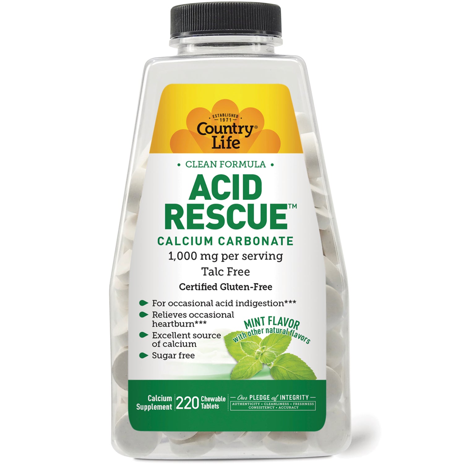 CRL639 | Country Life Acid Rescue calcium carbonate chewable tablets bottle, mint flavor, 220 count front view