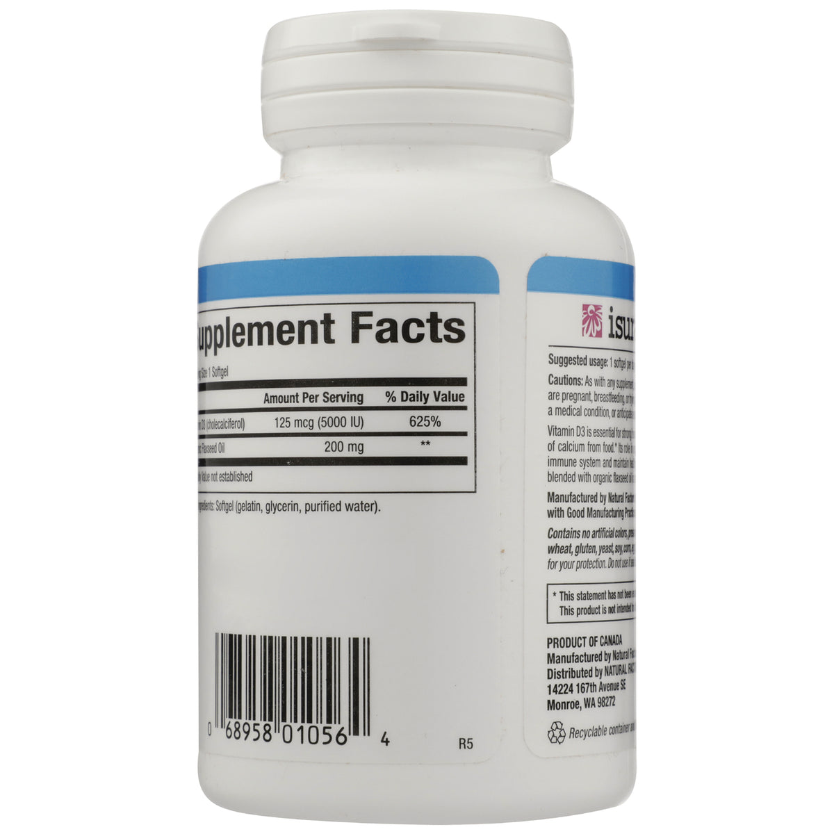 NFC095 | Back of white supplement bottle showing Supplement Facts panel, ingredient text and barcode