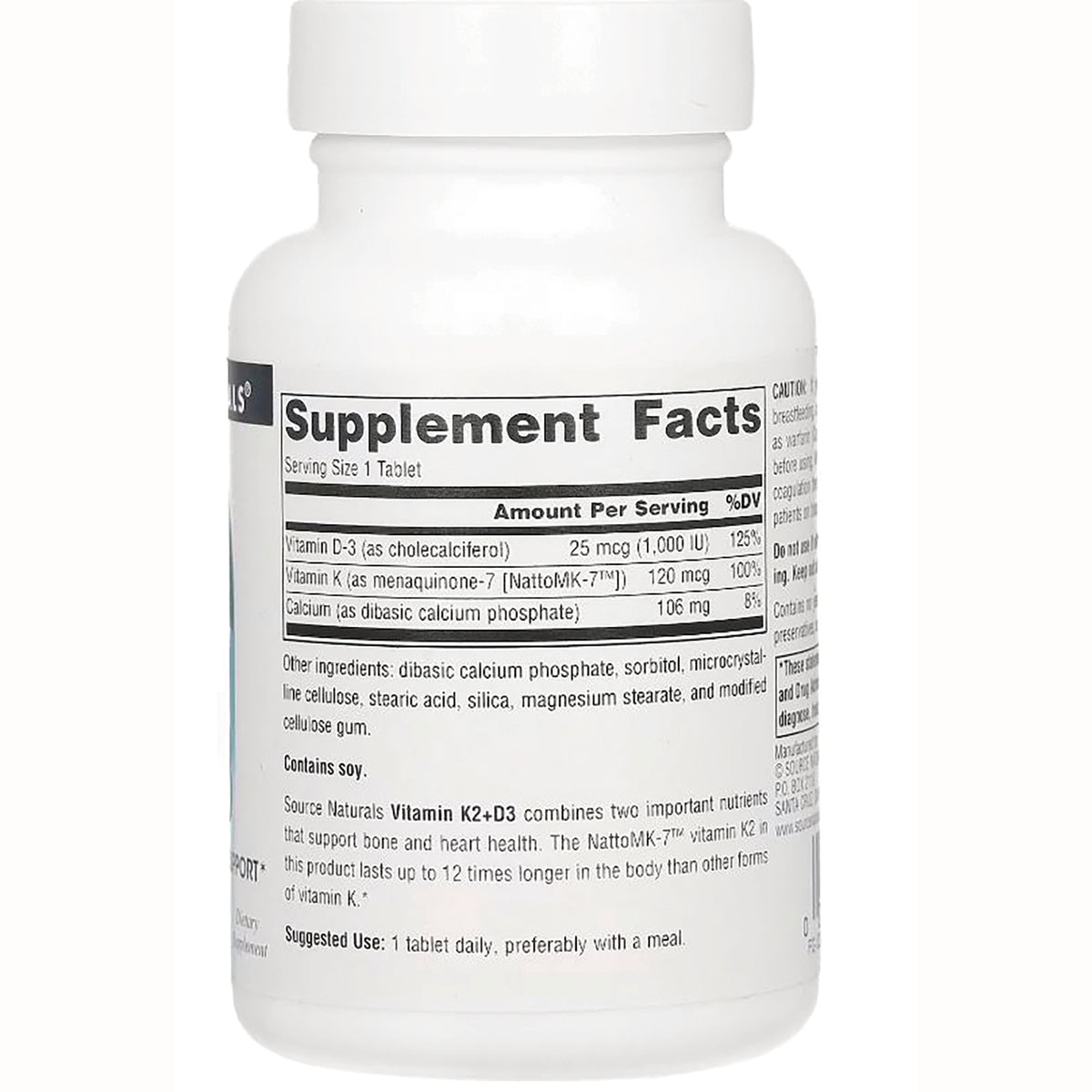 SN142 | Back of white supplement bottle showing Supplement Facts label, ingredient list, and suggested use