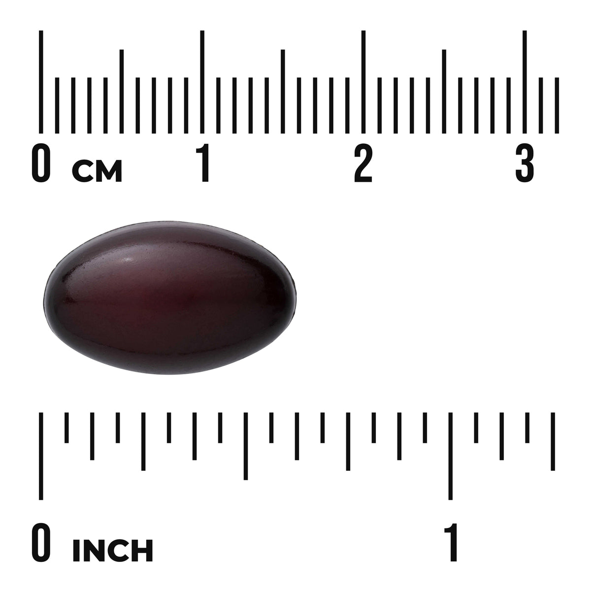 SWU1085 | Dark oval softgel shown with cm and inch ruler for size