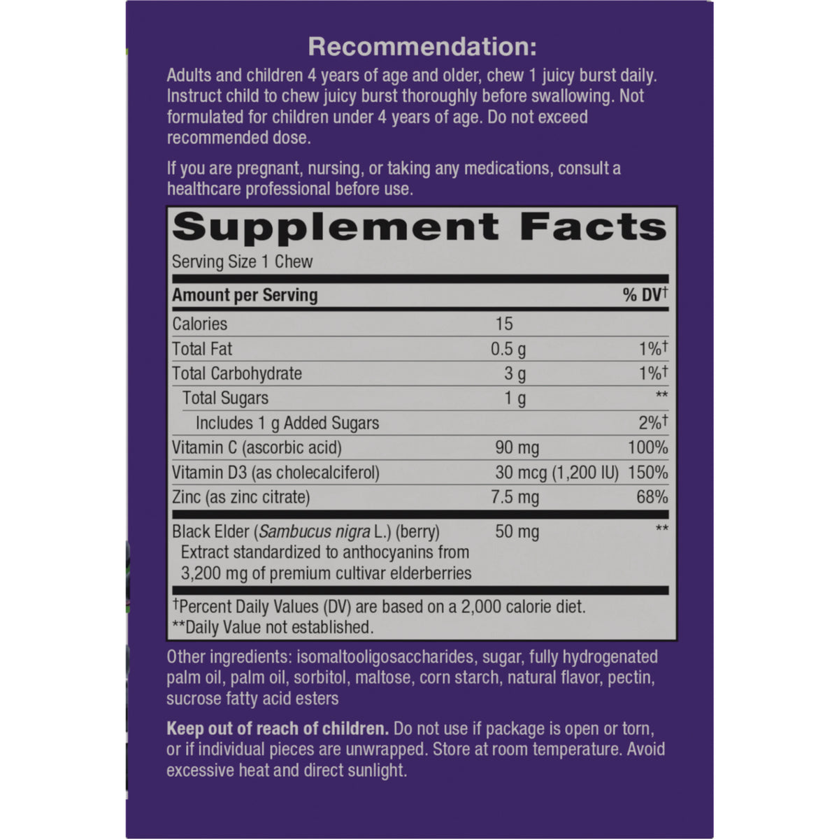 NW1072 | Back panel showing Supplement Facts with serving size, nutrient amounts, ingredients and usage recommendations