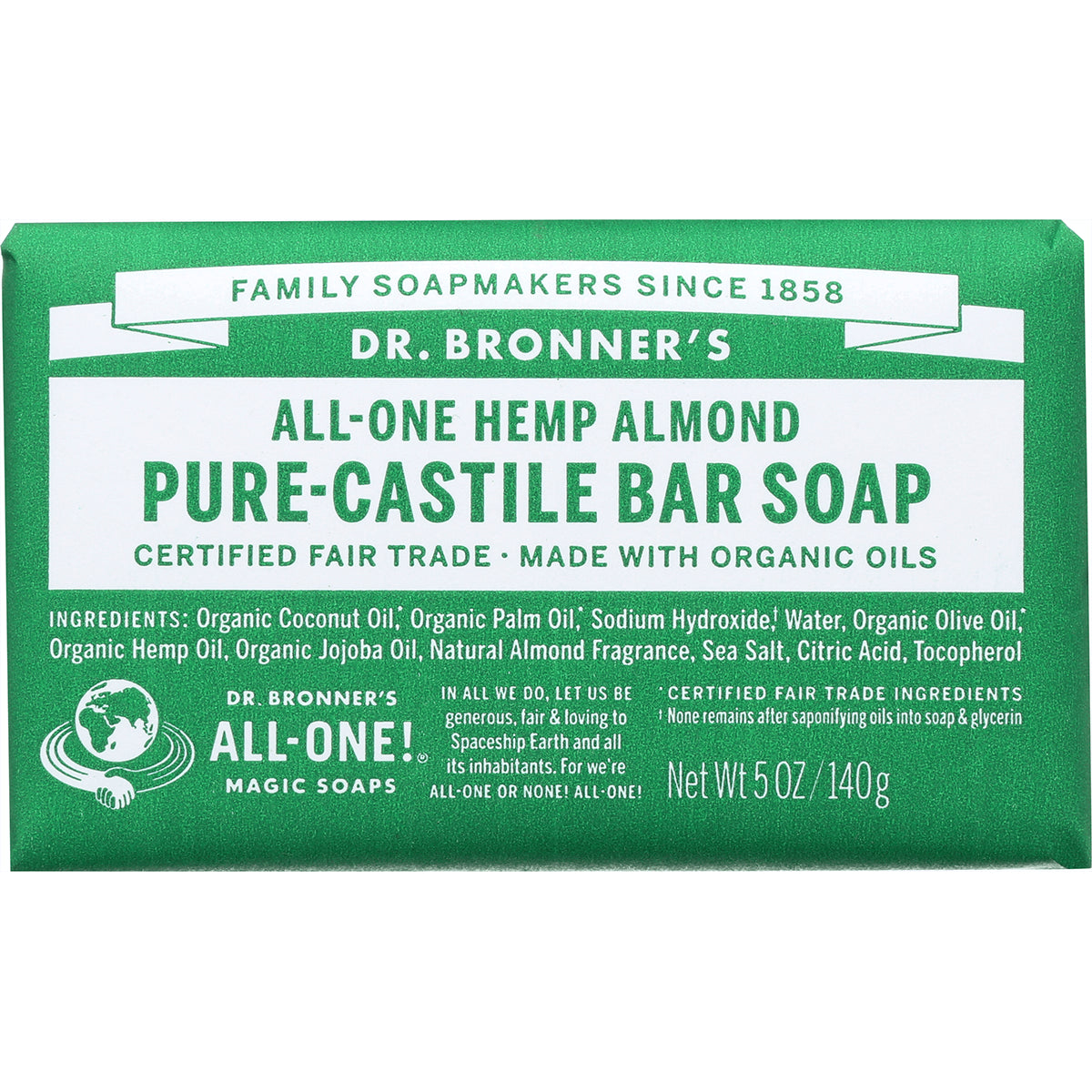 DRB001 | Dr. Bronner's All-One Hemp Almond Pure-Castile bar soap front packaging showing ingredients and net wt 5 oz
