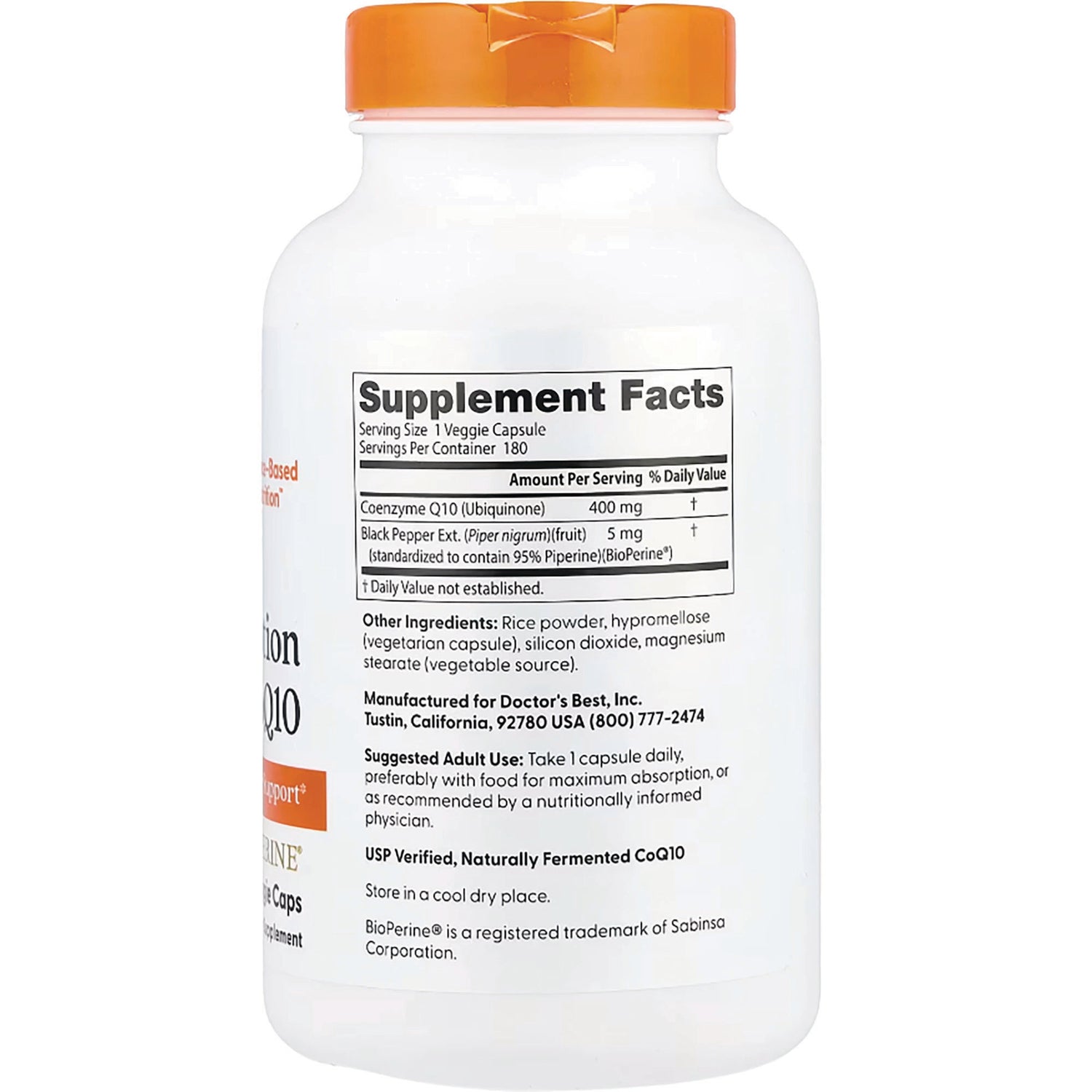 DB241 | Back of white supplement bottle showing Supplement Facts panel listing Coenzyme Q10 400 mg, other ingredients, and manufacturer info