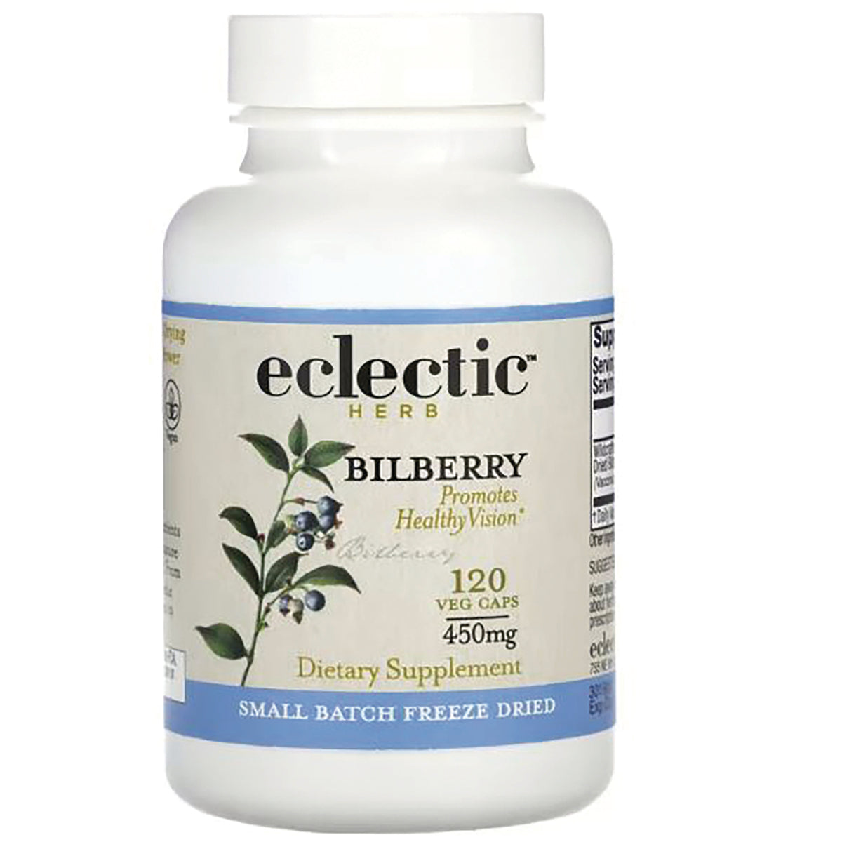 EC018 | Eclectic Herb Bilberry dietary supplement bottle front, 120 veg caps 450mg, small batch freeze dried