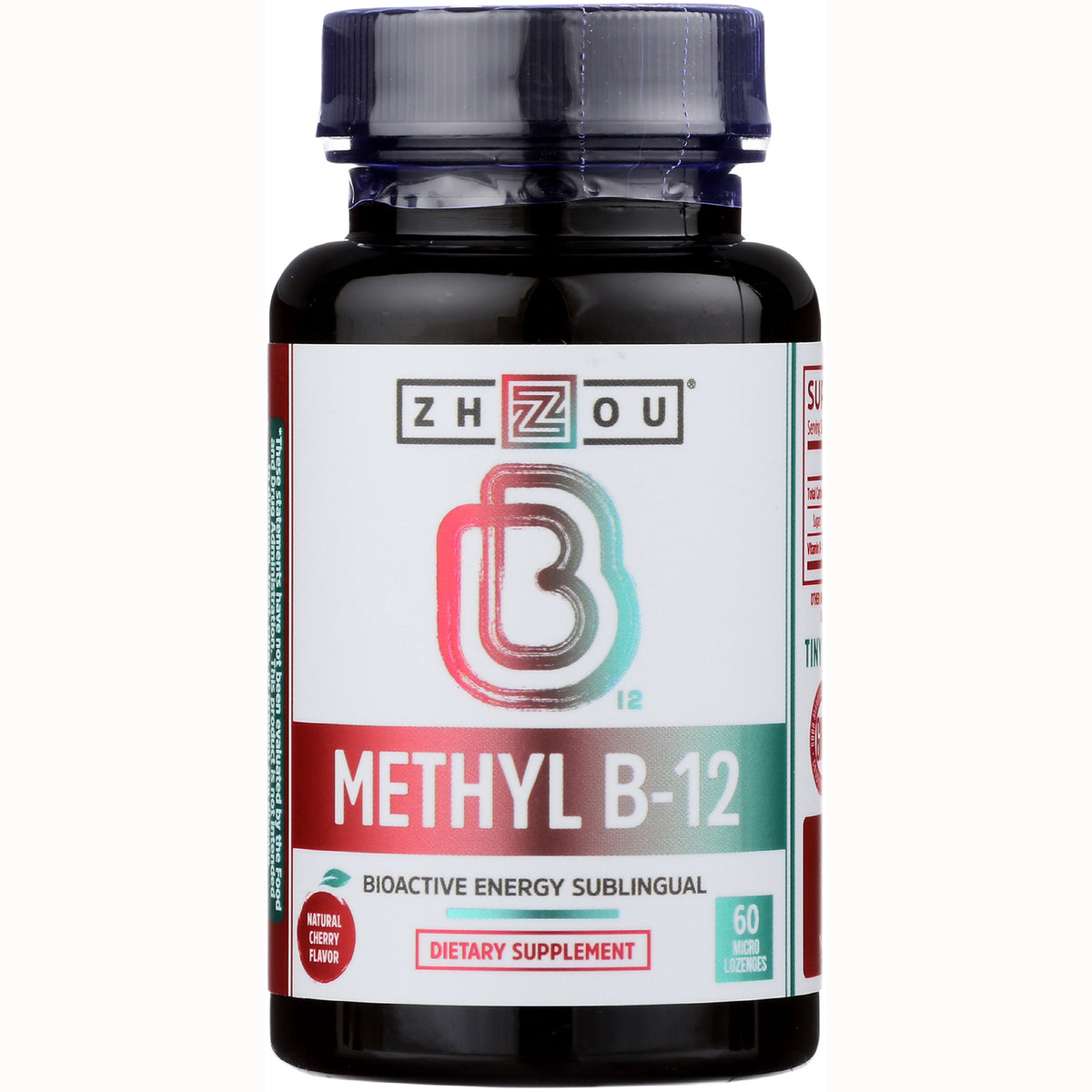 ZOU019 | Zhou Methyl B-12 dietary supplement bottle, bioactive energy sublingual, 60 micro lozenges, natural cherry flavor