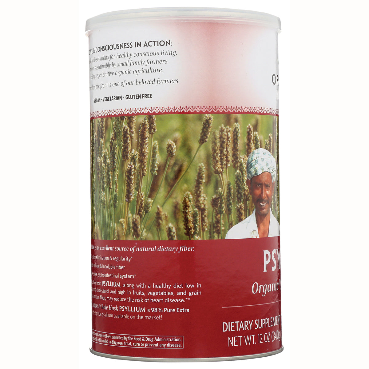 RGN028 | Back of psyllium supplement can showing ingredient text, field graphic and farmer photo