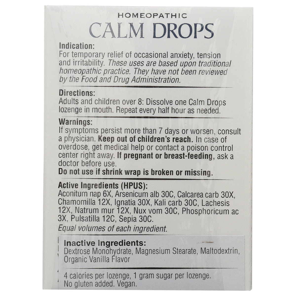 HLR002 | back panel of Calm Drops homeopathic lozenge box showing indications, directions, warnings, and ingredient lists