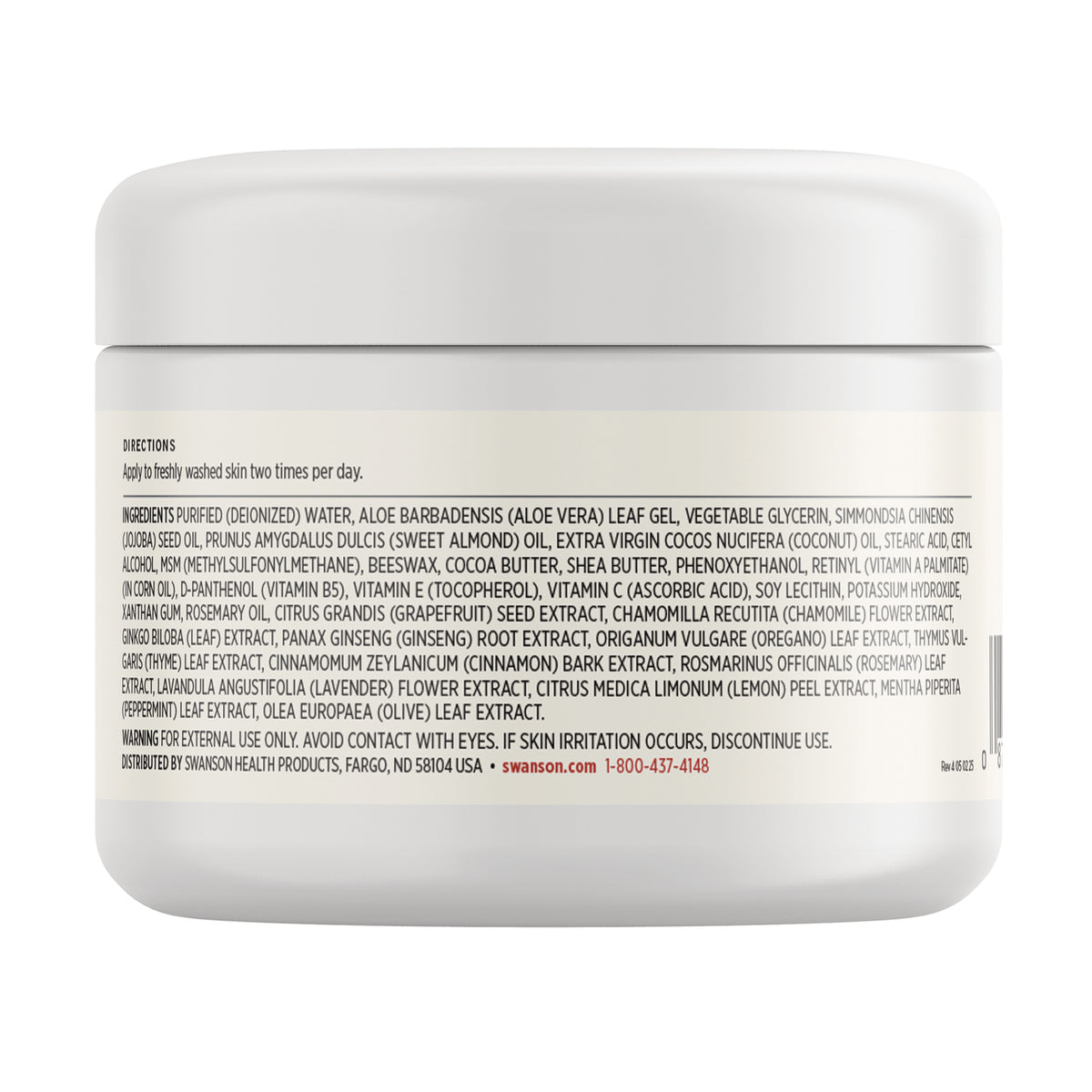 SW1464 | Ingredients, directions, and warnings panel for topical skincare product